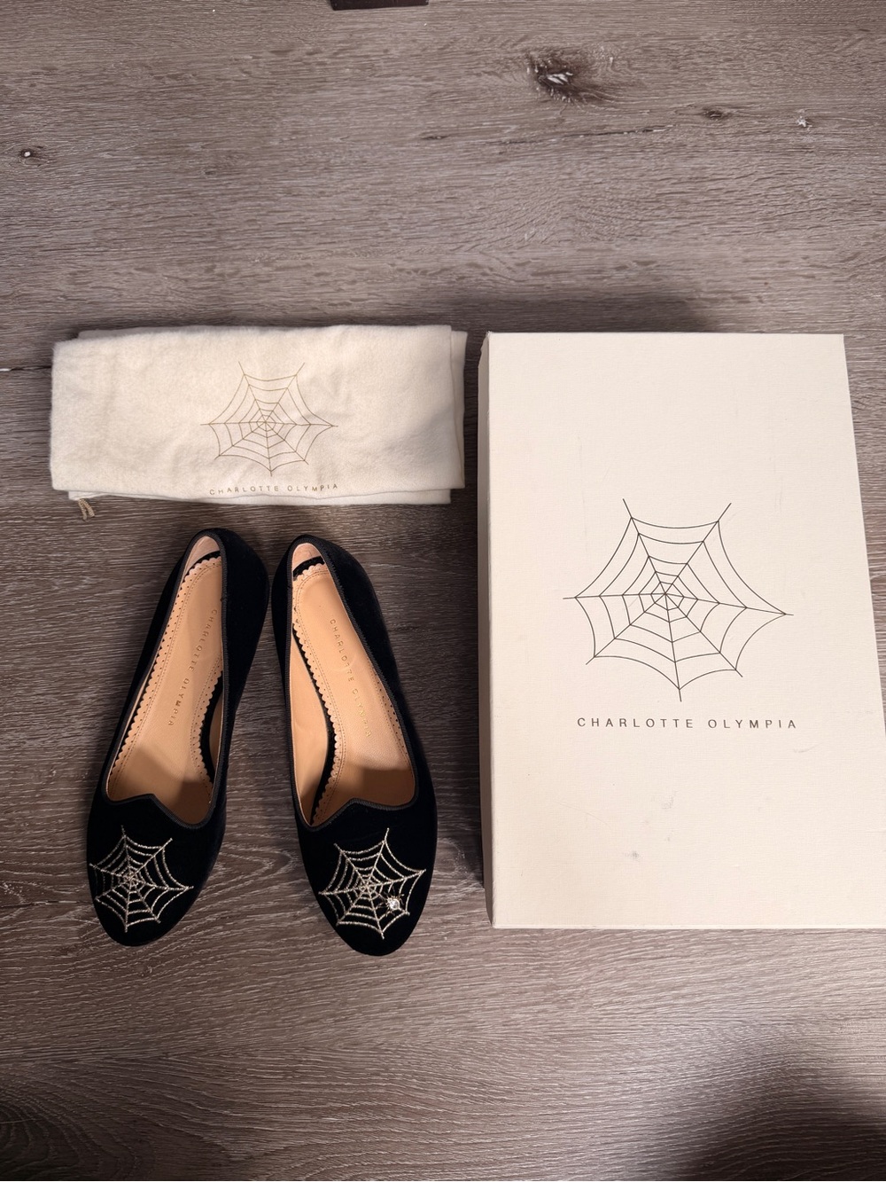 Charlotte Olympia Black Velvet Spider-Web Embroidered Flats
